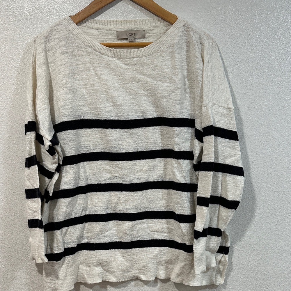 LOFT Black and Cream Striped Sweater